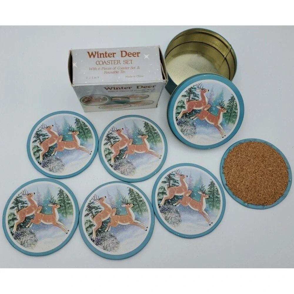 Vintage 1990 Winter‎ Deer Coaster Set With Tin Christmas Buck 6 Piece